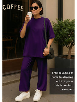 Moomaya - Womens 2 Pcs Soft Viscose Jersey Purple Co-Ord Set