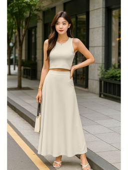 Moomaya - Womens 2 Pcs Viscose Jersey Off White Co-Ord Set