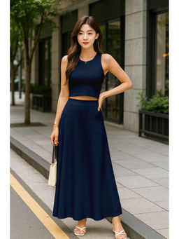 Moomaya - Womens 2 Pcs Viscose Jersey Navy Blue Co-Ord Set