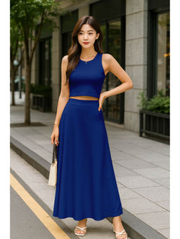 Moomaya - Womens 2 Pcs Viscose Jersey Royal Blue Co-Ord Set