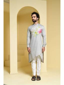 PRATEEK MUNJAL - Grey Kurta Pant with Floral Detailing
