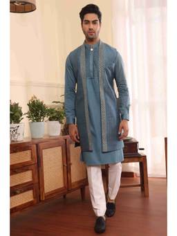 PRATEEK MUNJAL - Teal Bue Kurta Pants with Shrug Jacket