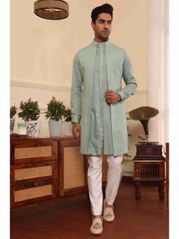 PRATEEK MUNJAL - Aqua Green Kurta Pants with Shrug Jacket