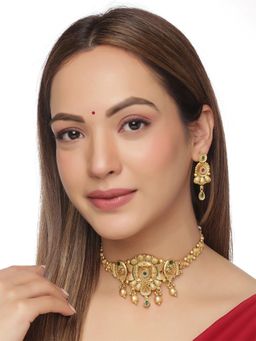 Yellow Chimes - Gold Plated Pearl Drop Designed Gold Choker Necklace Set