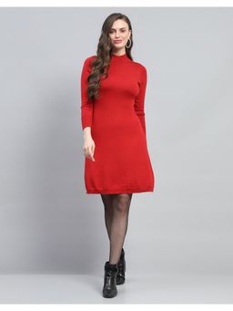 Monte Carlo - Womens Solid Red High Neck Full Sleeve Dress