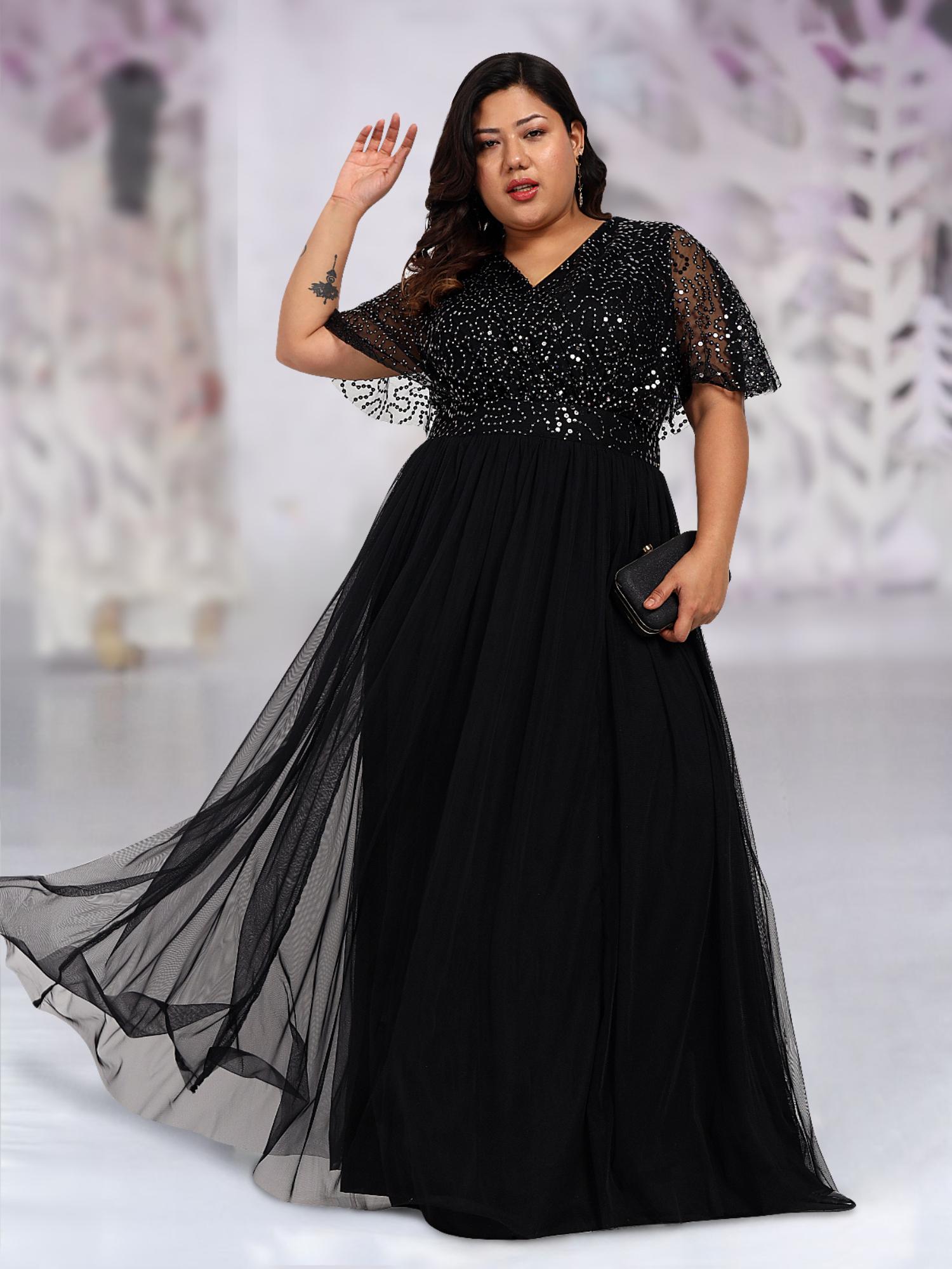 martini Women Black Plus Size Sequin Cape Western Gown-picture-27