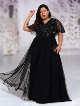 Martini - Women Black Plus Size Sequin Cape Western Gown