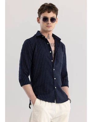 Buy Snitch Linen Line Navy Blue Stripes Shirt (S)