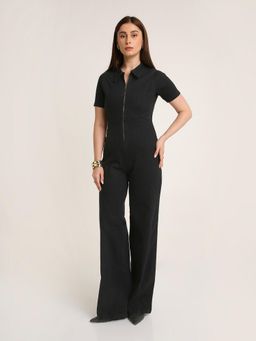 BLNK - Black Solid Denim Collared Front Zip Wide-Leg Jumpsuit