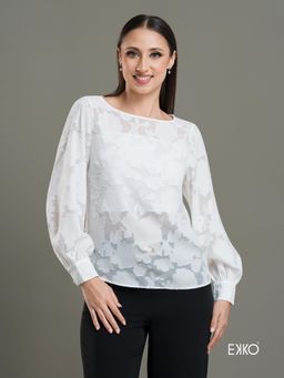 EKKO - White Relaxed Fit Boat Neckline Balloon Sleeve top