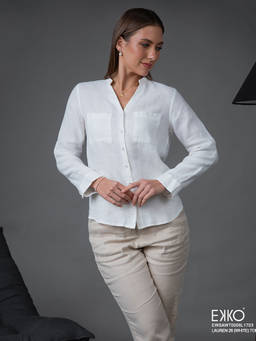 EKKO - White Linen Regular Fit Loose Fitted Deep Neck Roll-Up Sleeve Shirt
