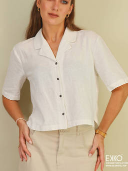 EKKO - White Linen Blend Regular Fit Cropped Shirt