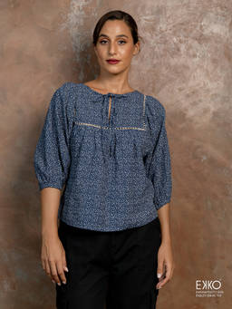 EKKO - Navy Blue Linen Relaxed Fit Lace Detail Volume Top