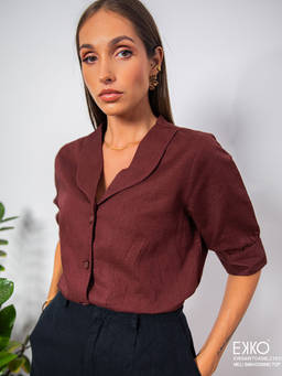 EKKO - Mahogany Brown Linen Blend Relaxed Fit Button Down Top