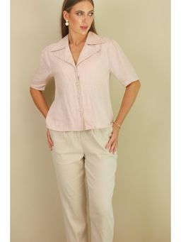 EKKO - Pink Linen Relaxed Fit Lapel Collar Detail Top