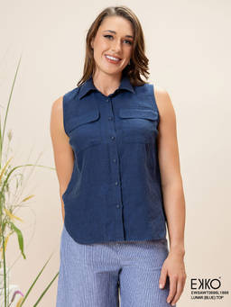 EKKO - Navy Blue Linen Relaxed Fit Sleeveless Button Up Shirt