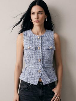 Outzidr - Blue Button Down Tweed Textured Top with Belt