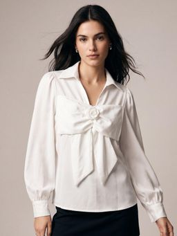 Outzidr - Off White Relaxed Blouson Top With Large Bow