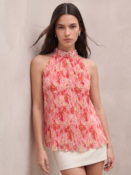 Outzidr - Pink Halter Tied Neck Top