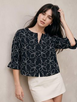 Outzidr - Black Regular Fit Embroidered Top