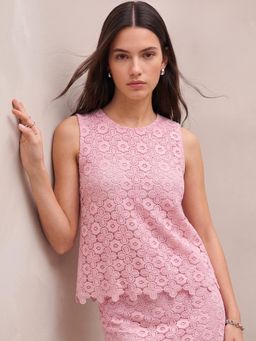 Outzidr - Pink Regular Fit All Over Lace Top