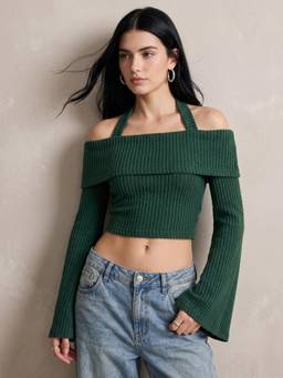 Outzidr - Green Off Shoulder Rib Textured Halter Crop Top
