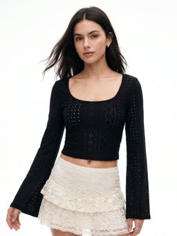 Outzidr - Black Scoop Neck Pointelle Top