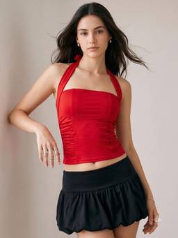 Outzidr - Red Square Halter Neck Tie-Up Top