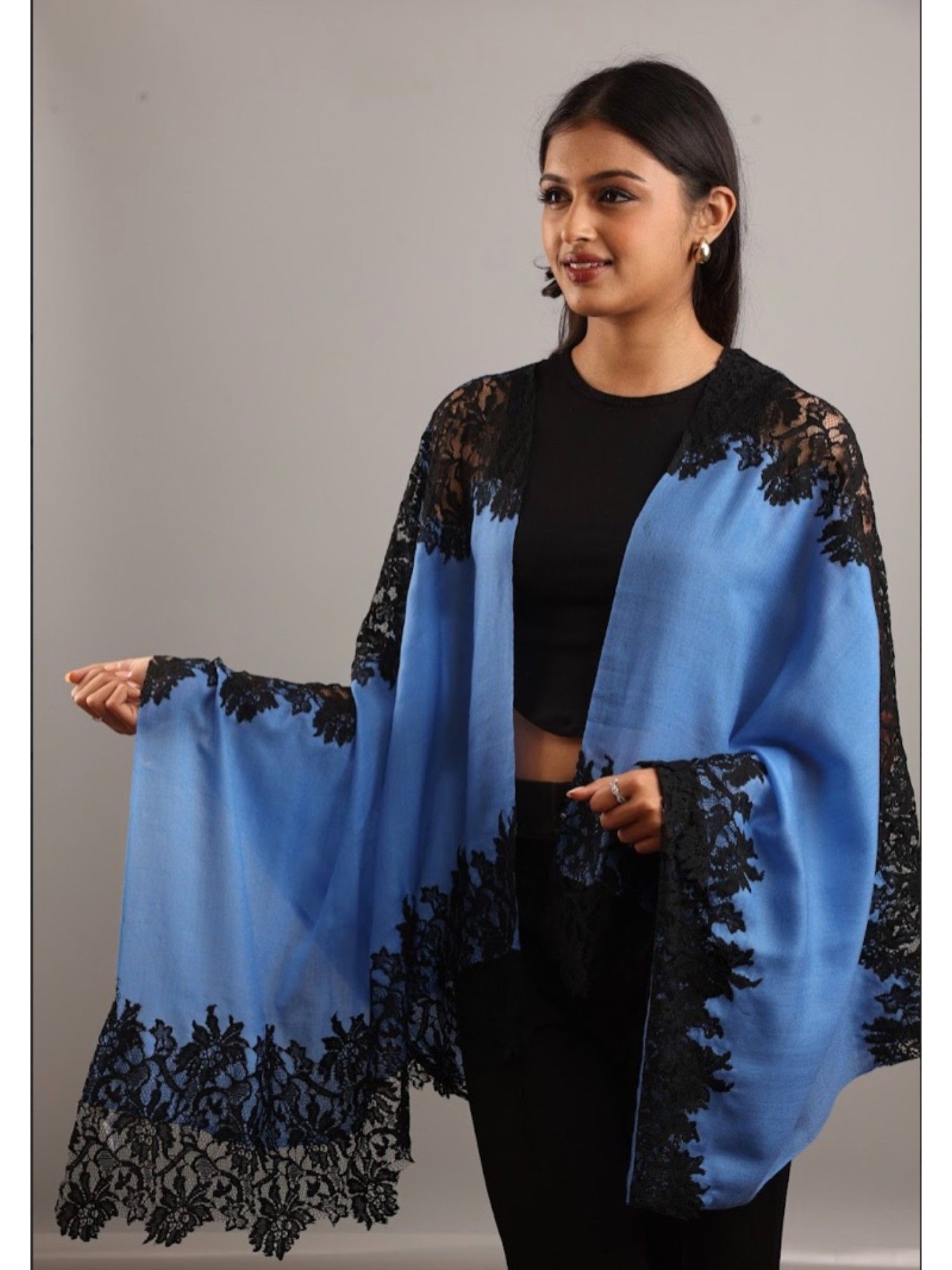 Hibiscus Panels In Sky Blue And Black Shawl-picture-25