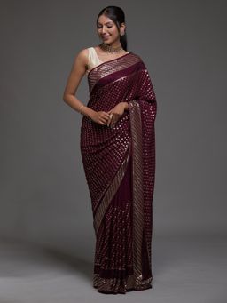 Koskii - Wine Embellished Georgette Saree with Unstitched Blouse
