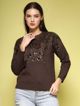 Mafadeny - Women's Brown Sequined Sweater