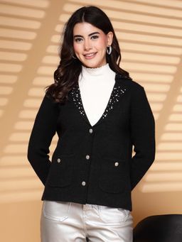 Mafadeny - Women's Black Sequined Cardigan