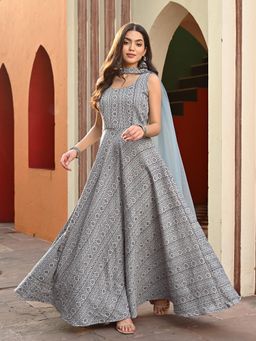 Vinya - Grey Jacquard Fit and Flare Dress with Dupatta (Set of 2)