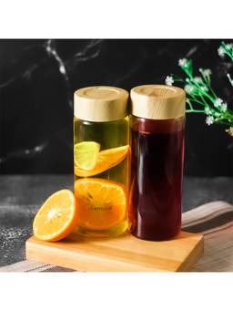 Femora - Borosilicate Glass Water Bottle 500Ml (Pack Of 2) (Wooden Lid)