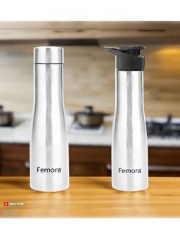 Femora - Stainless Steel Water Bottle 2In1- 1000Ml Steel & Sipper Cap 2 Caps (Set Of 2)