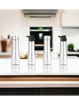 Femora - Stainless Steel Water Bottle 2In1- 1000Ml Steel & Sipper Cap 2 Caps (Set Of 4)