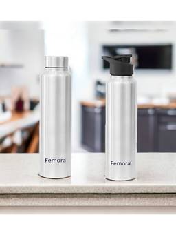 Femora - Stainless Steel Water Bottle 2In1- 1000Ml Steel & Sipper Cap 2 Caps (Set Of 2)