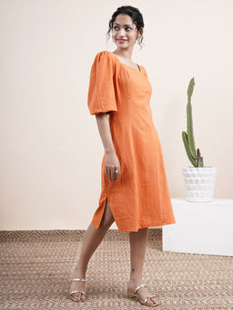 Abhishti - Rust Orange Square Neck Dress with Bishop Sleeves