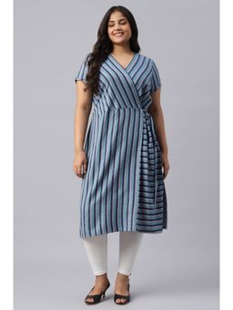 Aurelia - Blue Stripe Cotton Plus Size Kurta with Side Buckle