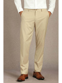 Louis Philippe - Men Beige Solid Flat Front Formal Trouser