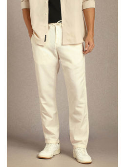 Louis Philippe - Men Cream Solid Flat Front Casual Trouser