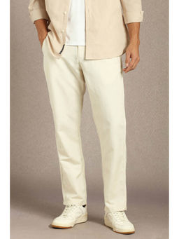 Louis Philippe - Men Beige Solid Flat Front Casual Trouser