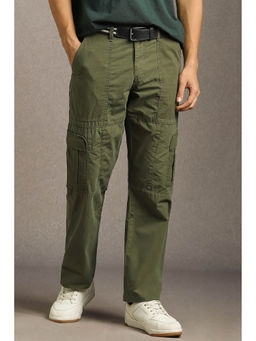 Louis Philippe - Men Olive Solid Flat Front Casual Cargo