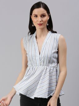 SHOWOFF - Women's Vertical Stripes Peplum Blue V-neck Top