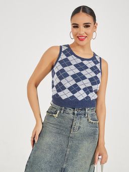 Styli - Blue Crop Length Fitted Sleeveless Sweater