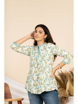 WEAVLLITE - White Pure Cotton Cambric Floral Printed Flared Tunic