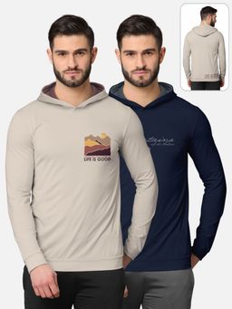 BULLMER - Printed Full Sleeve Hooded T-shirt For Men Beige And Navy Blue (Pack of 2)