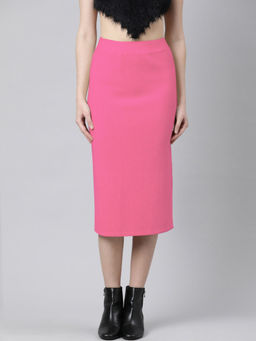 SHOWOFF - Women Textured Pink Straight Back Slit Midi Skirt
