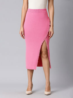SHOWOFF - Women Pink Straight Front Slit Midi Skirt