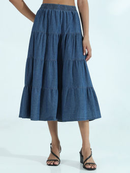 SHOWOFF - Women Blue Denim Tiered Midi Skirt